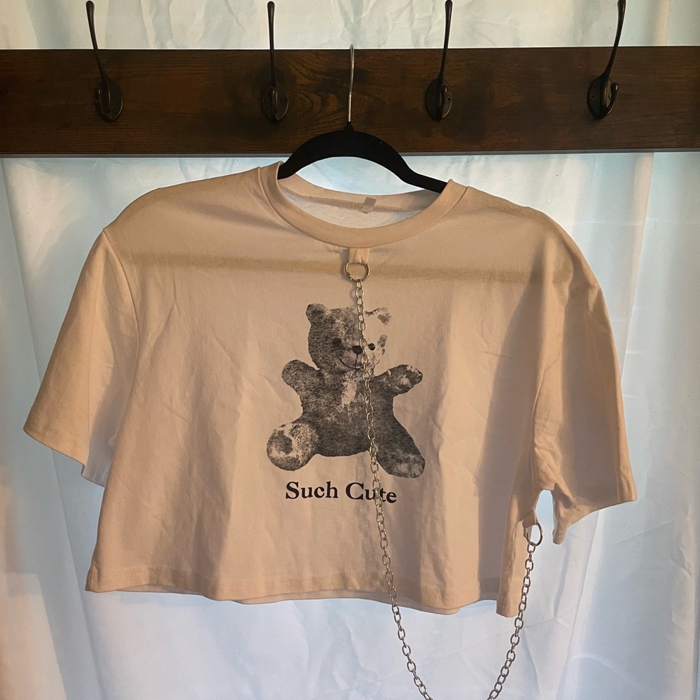 “Such Cute” teddy bear, chain link crop top